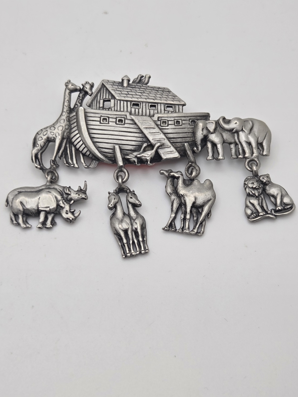 Vintage Pewter Noah’s Ark Pin Brooch JJ Signed Animal Hanging Charms